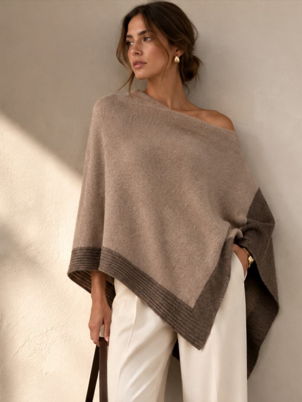 Celeste Wool & Cashmere Beige women's Poncho Sweater Quiet Luxury Cozy Fall